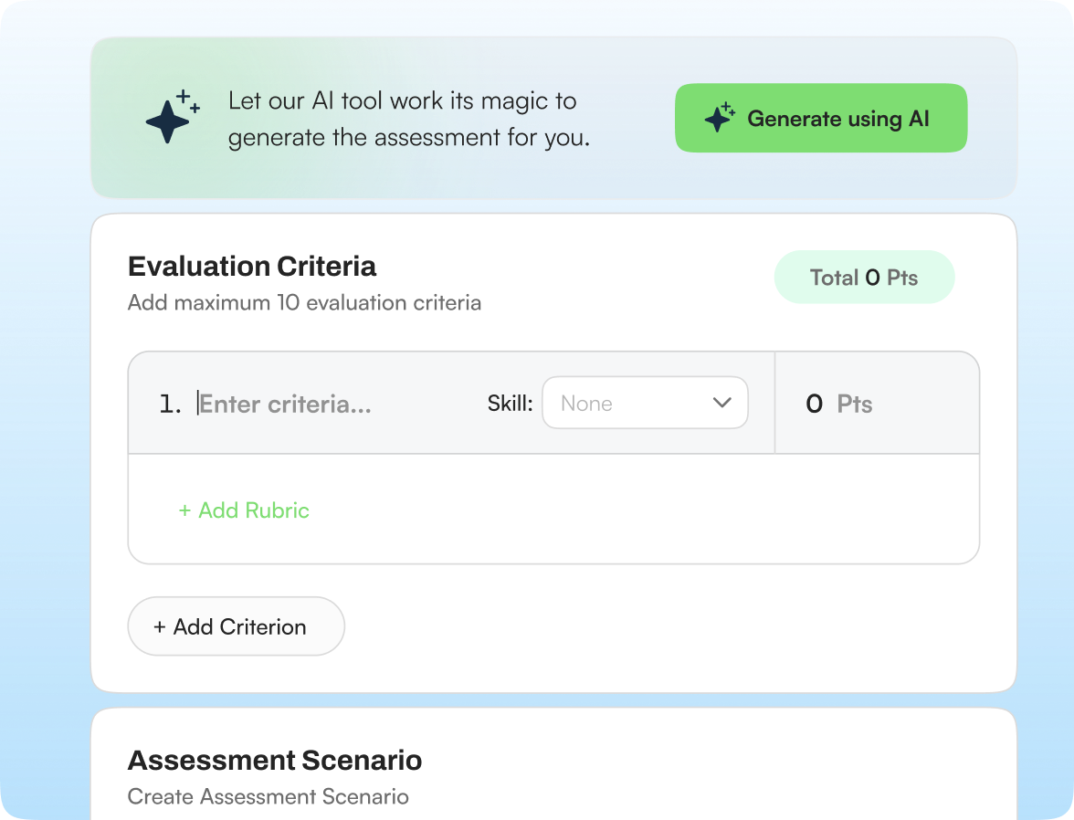 Assessment builder with an AI banner, evaluation criteria and scenario fields