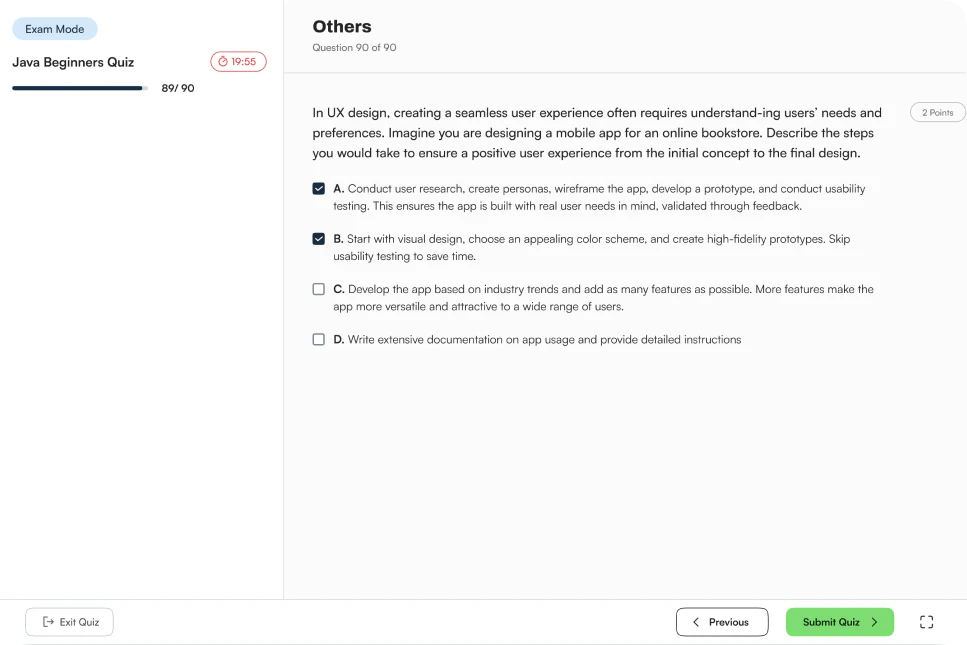 Exam-mode quiz attempt: a timed multiple-choice question with a Submit Quiz button
