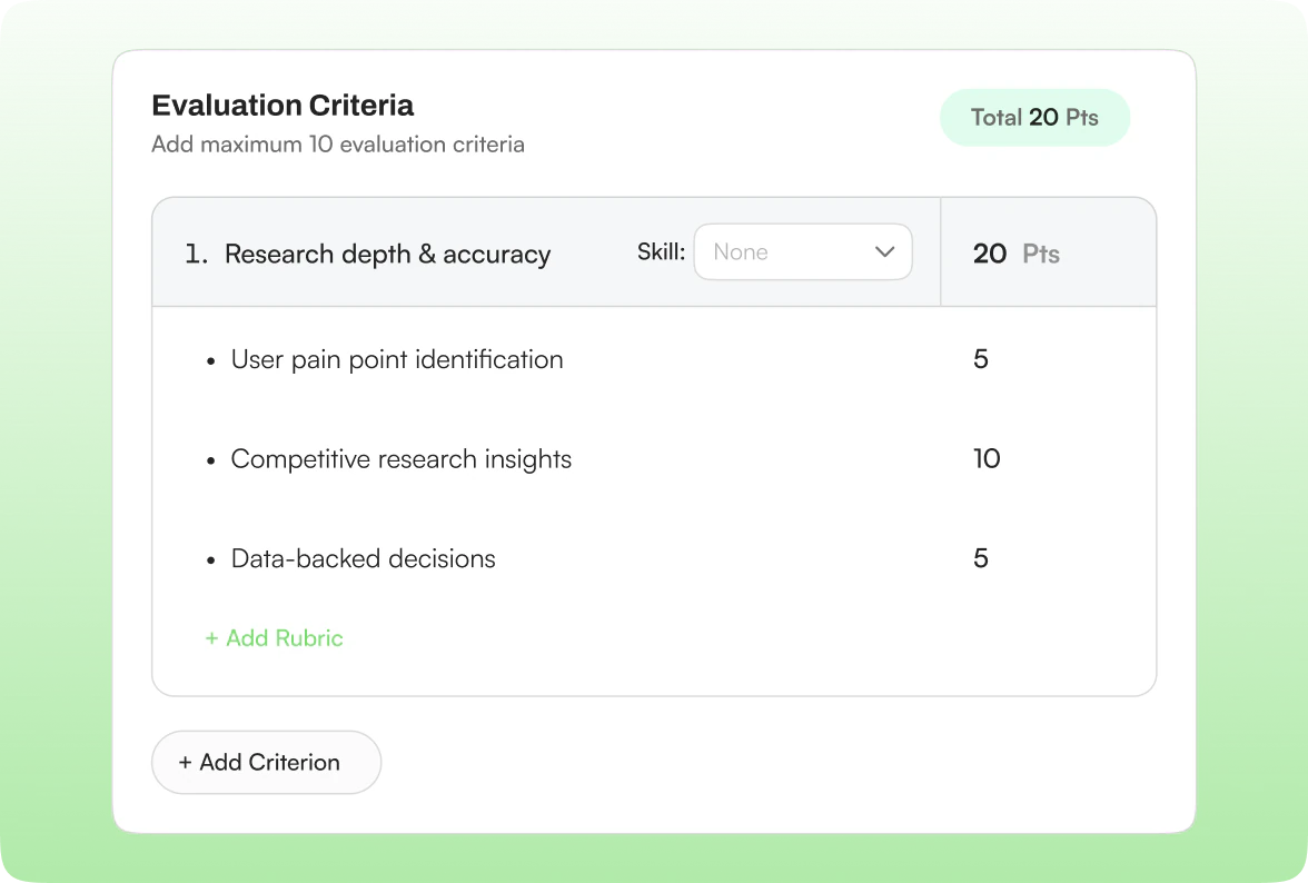 Evaluation criteria editor: Research depth & accuracy with three rubric rows totalling 20 points