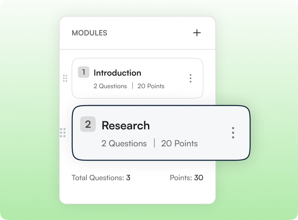 Quiz modules panel listing Introduction and Research modules with question and point totals