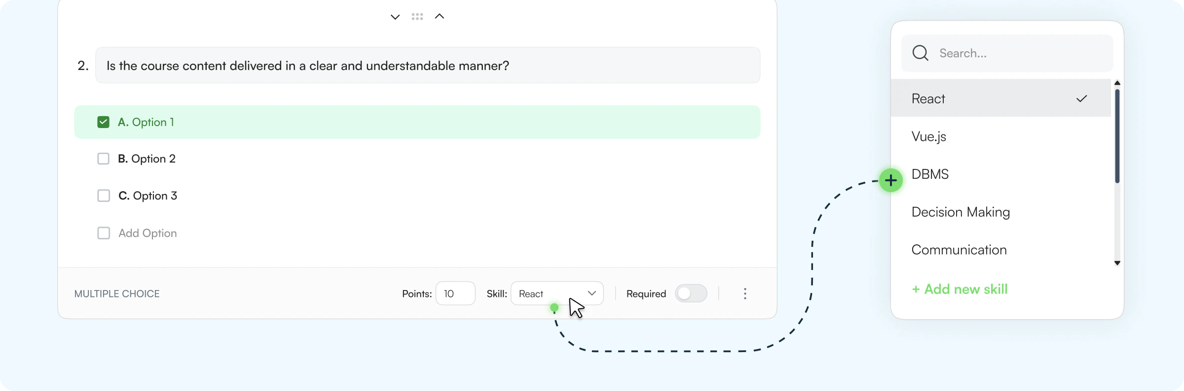 Multiple-choice question editor with a skill picker listing React, Vue.js, DBMS, Decision Making and Communication