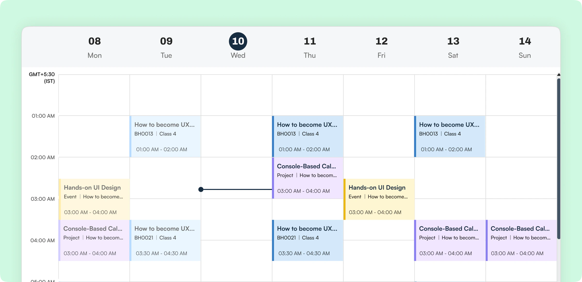 Instructor's weekly Learnato calendar with scheduled classes, projects and events