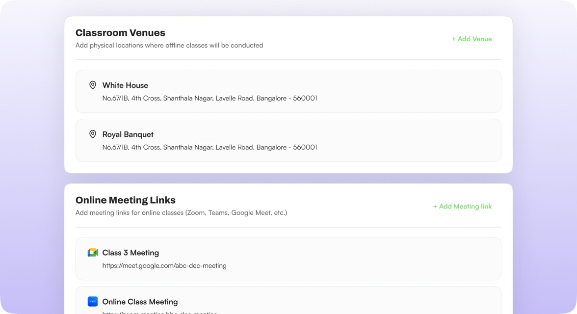 Classroom venues and online meeting links configured for a batch