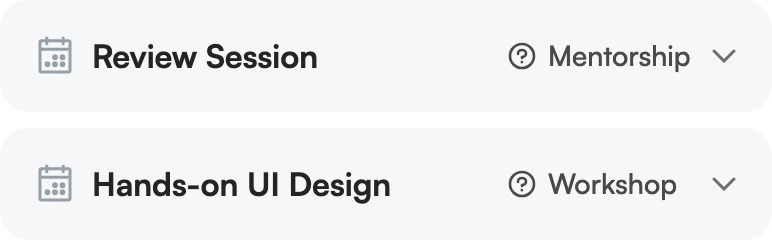 Event rows for a Review Session mentorship and a Hands-on UI Design workshop