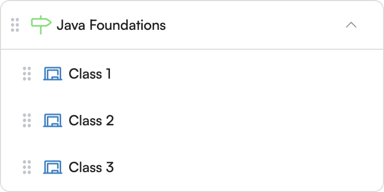 Java Foundations milestone expanded to show Class 1, 2 and 3