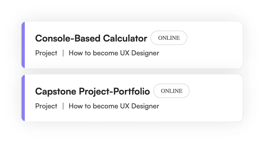 Two online project cards: Console-Based Calculator and Capstone Project-Portfolio
