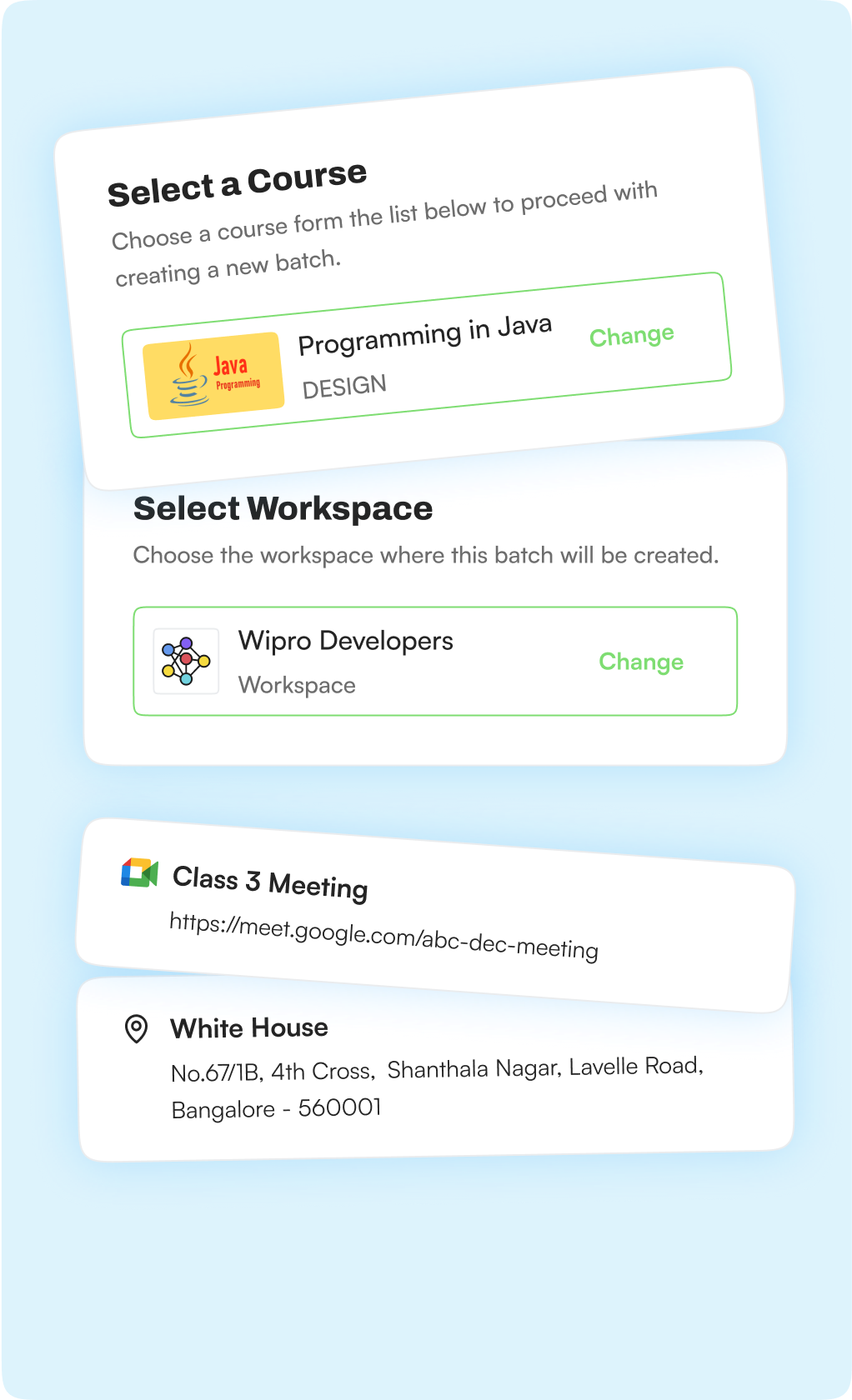 Stacked Select a Course, Select Workspace, Class 3 Meeting and White House venue cards