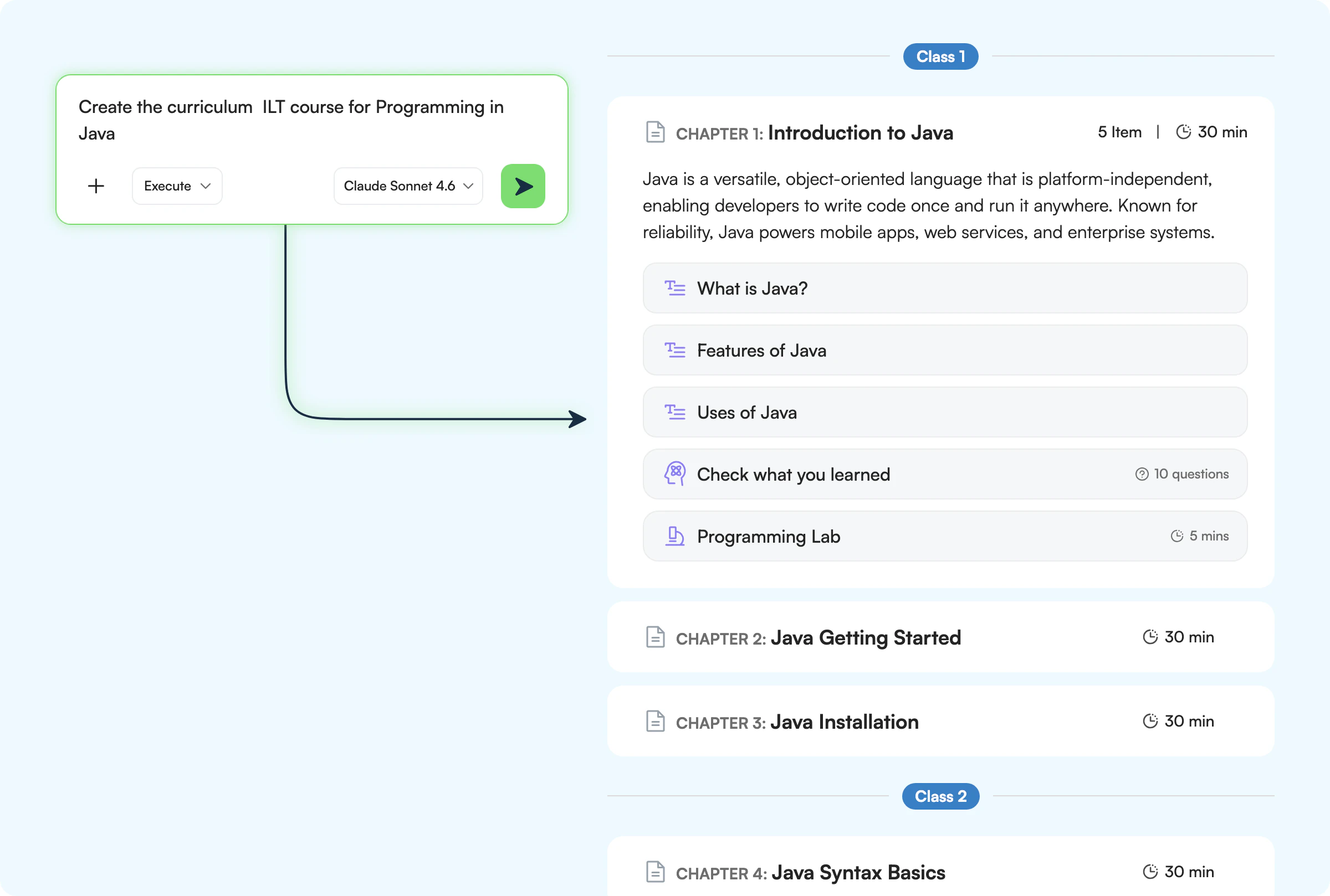 AI prompt generating a chaptered Java curriculum