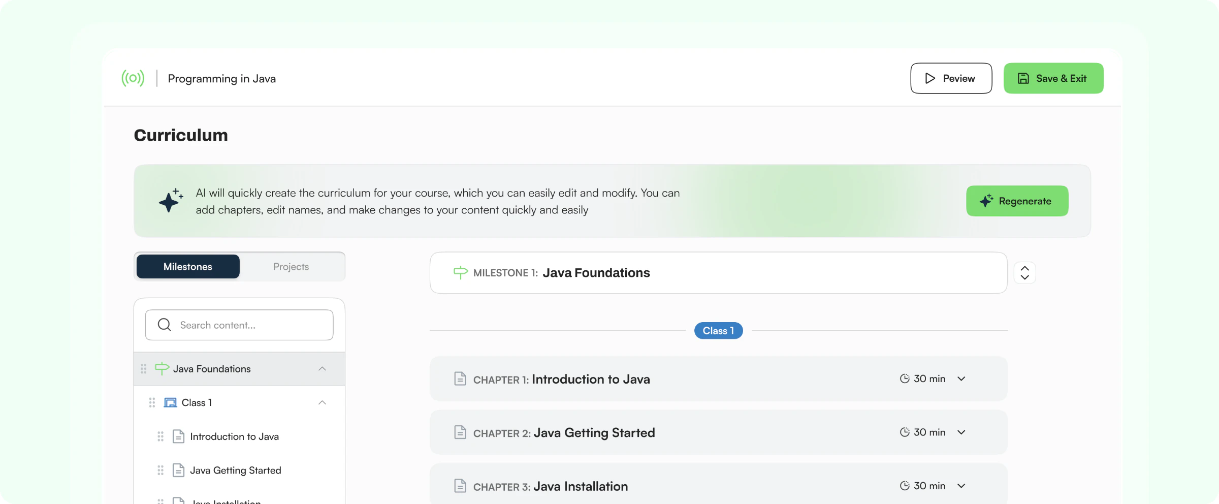 Curriculum workspace with milestones, classes and chapters