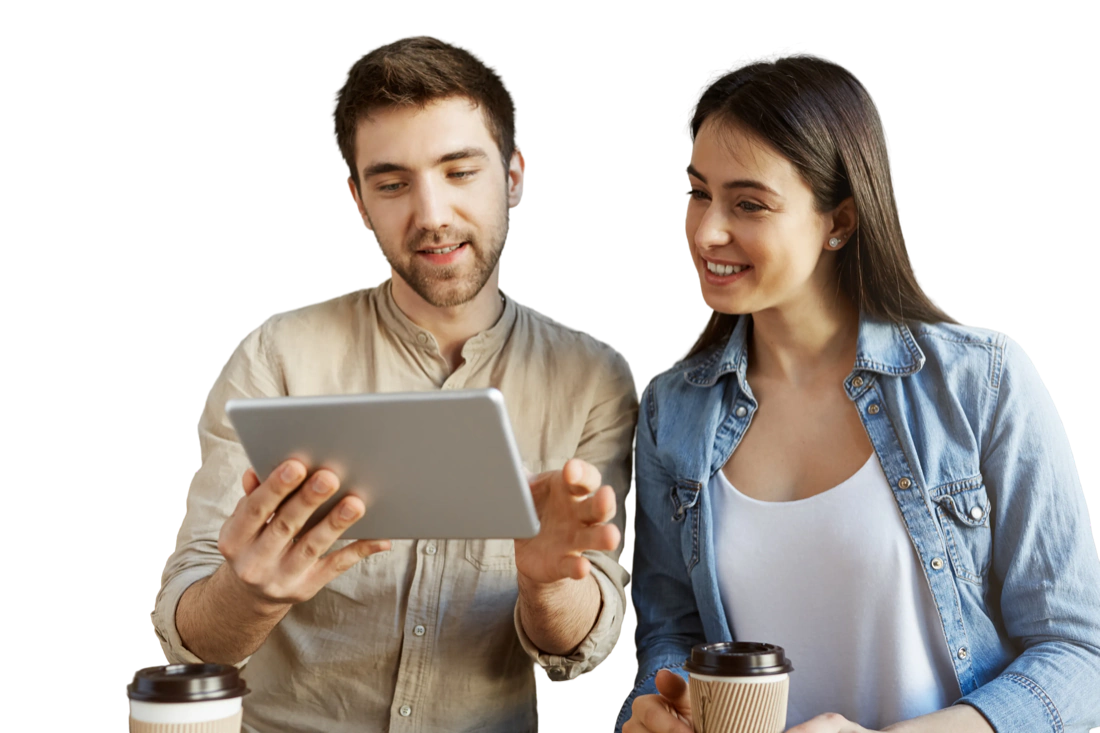 Two colleagues reviewing a workspace on a tablet