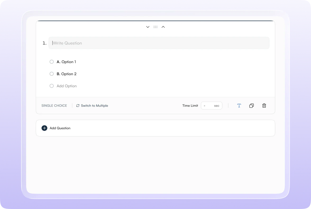 Quiz editor with a single-choice question, two options and a time limit