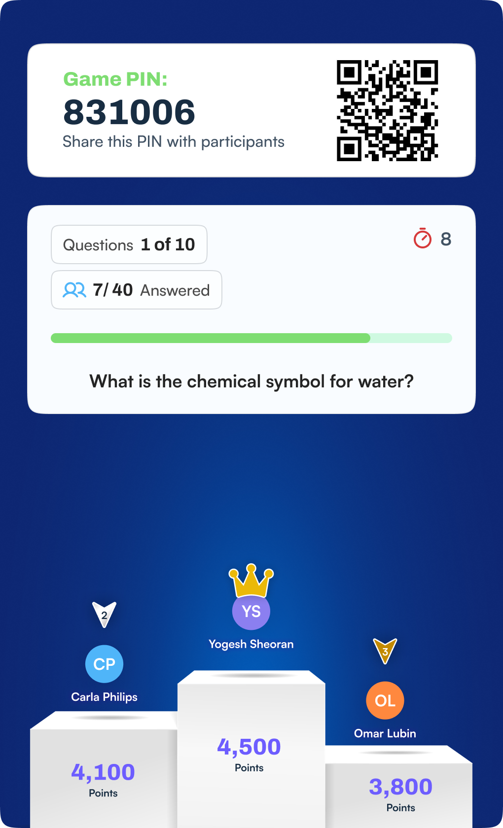 Trego session screens: the game PIN and QR code, the live question progress card, and the final podium
