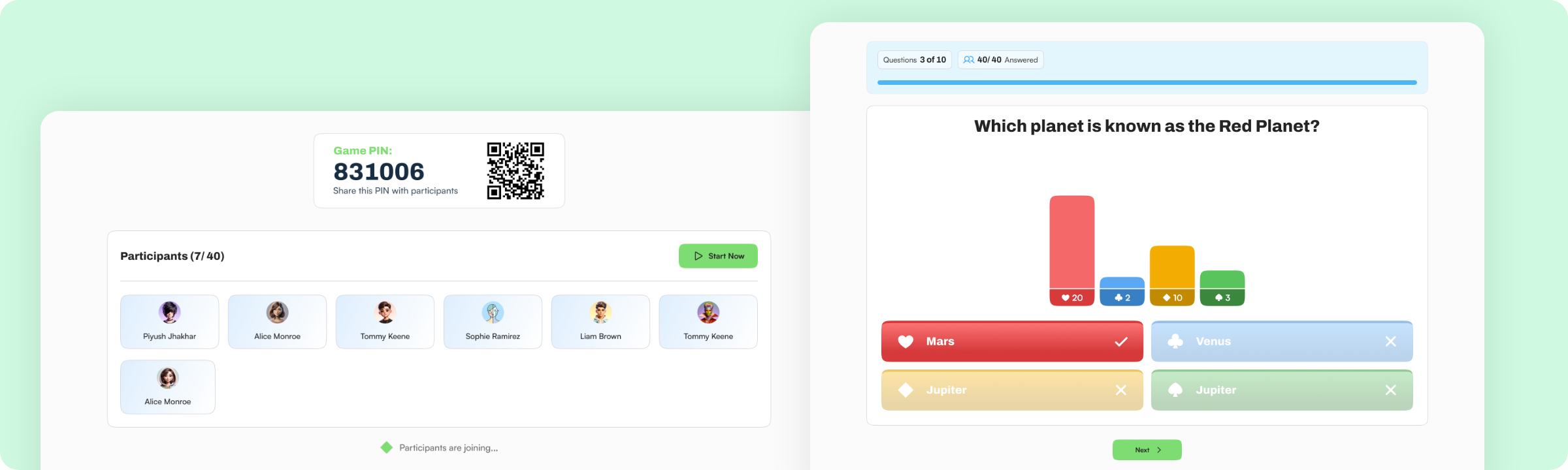 Instructor console showing the game PIN lobby with participants and a live question with answer distribution