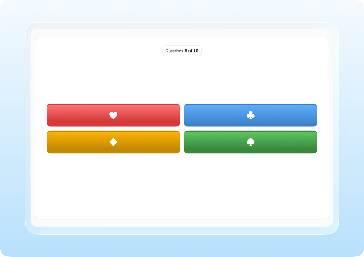 Learner answer screen with four coloured answer buttons for question 6 of 10