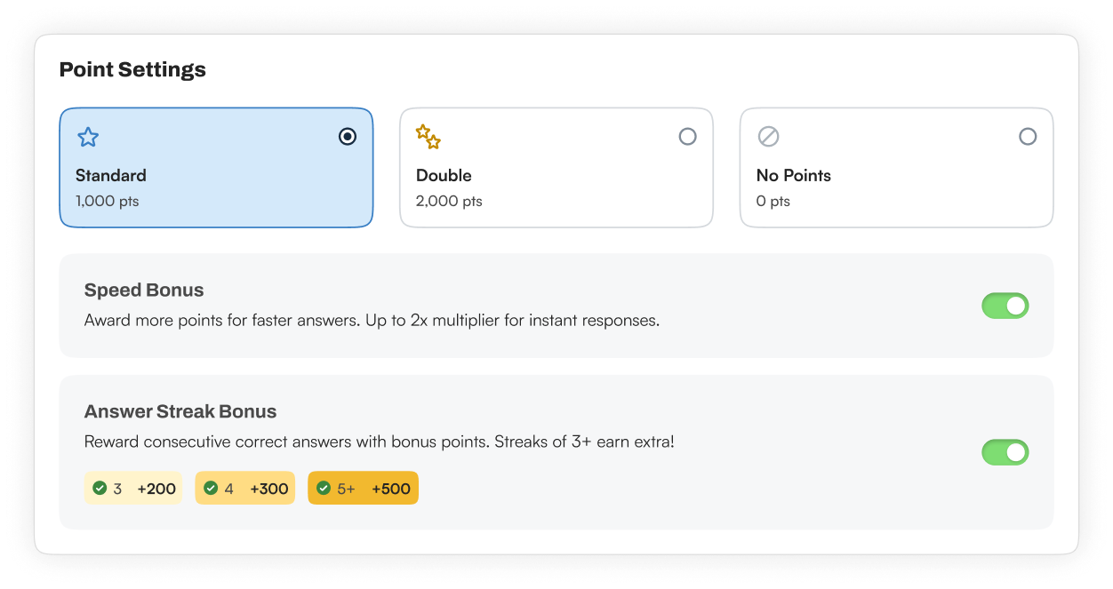 Point Settings panel with Standard, Double and No Points options plus speed and answer-streak bonuses