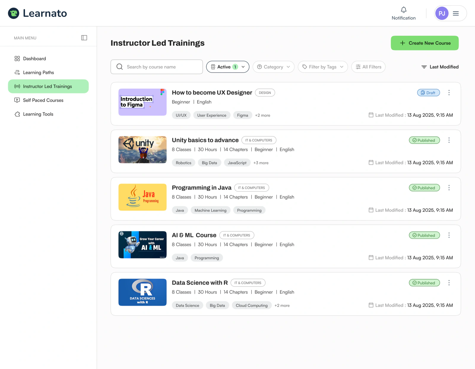 Learnato instructor-led trainings dashboard
