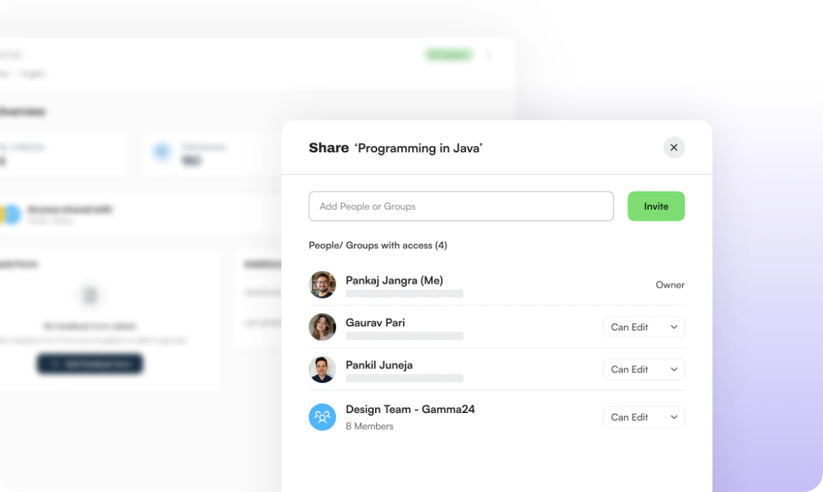 Share dialog for a course listing team members with edit access