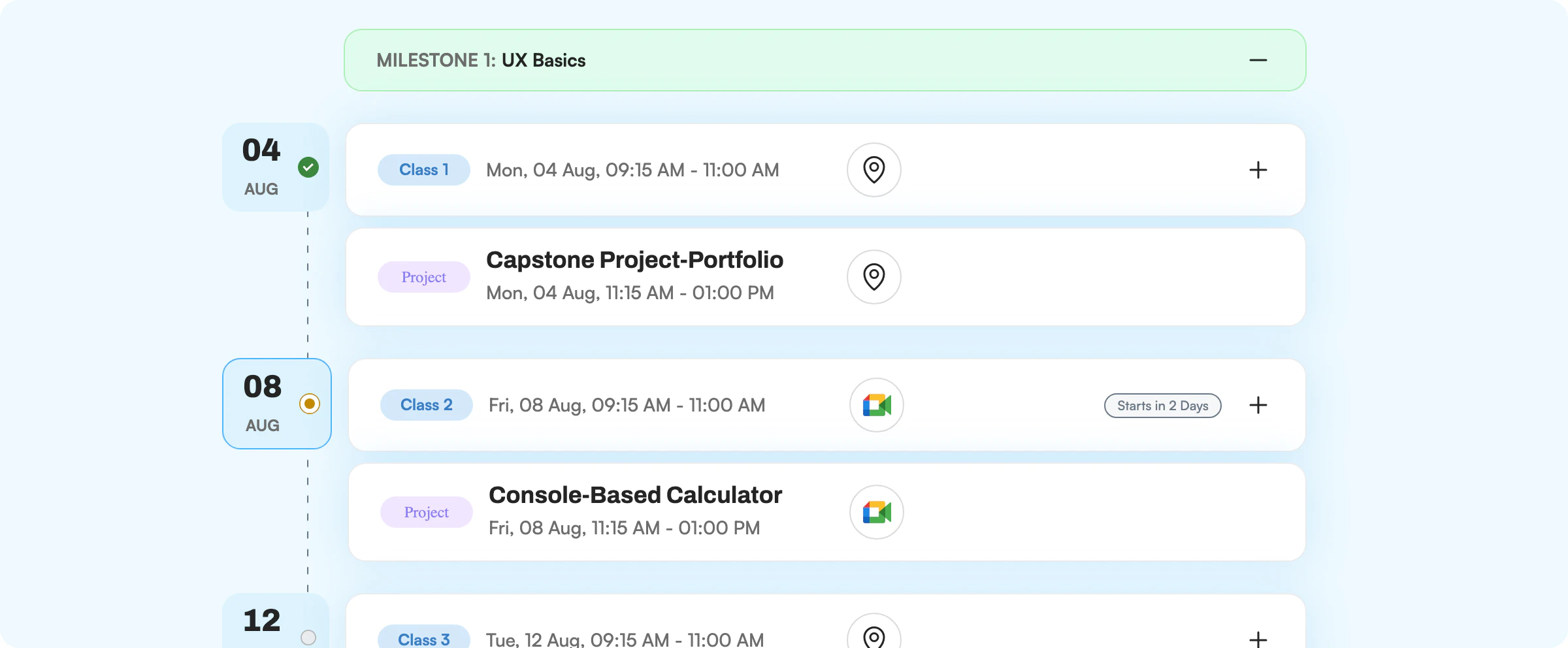 Learner course timeline with a milestone, dated classes and projects