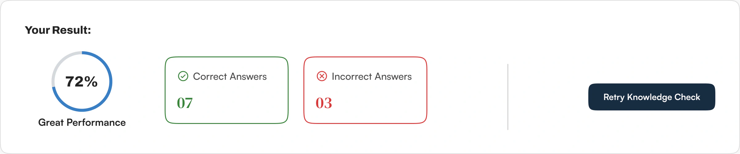 Knowledge Check result showing a 72% score, seven correct and three incorrect answers, and a Retry Knowledge Check button