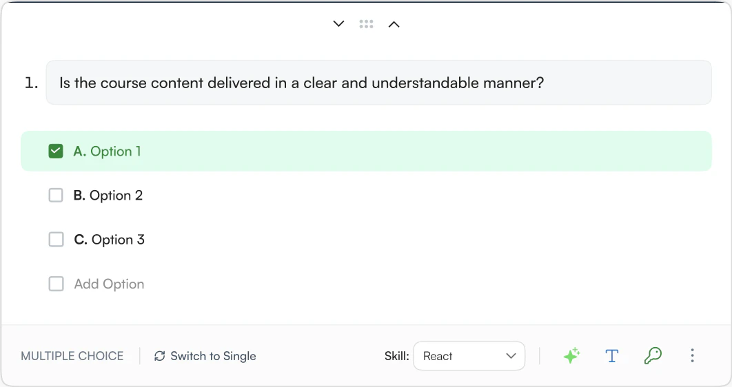 Multiple-choice question editor with three options and a Skill selector set to React