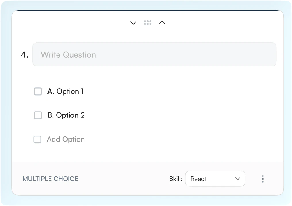 Multiple-choice quiz question editor with a skill selector set to React