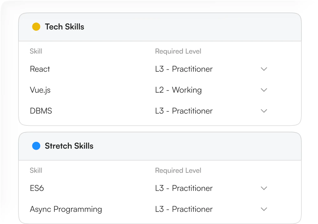 Job role skill groups listing Tech Skills and Stretch Skills with required levels