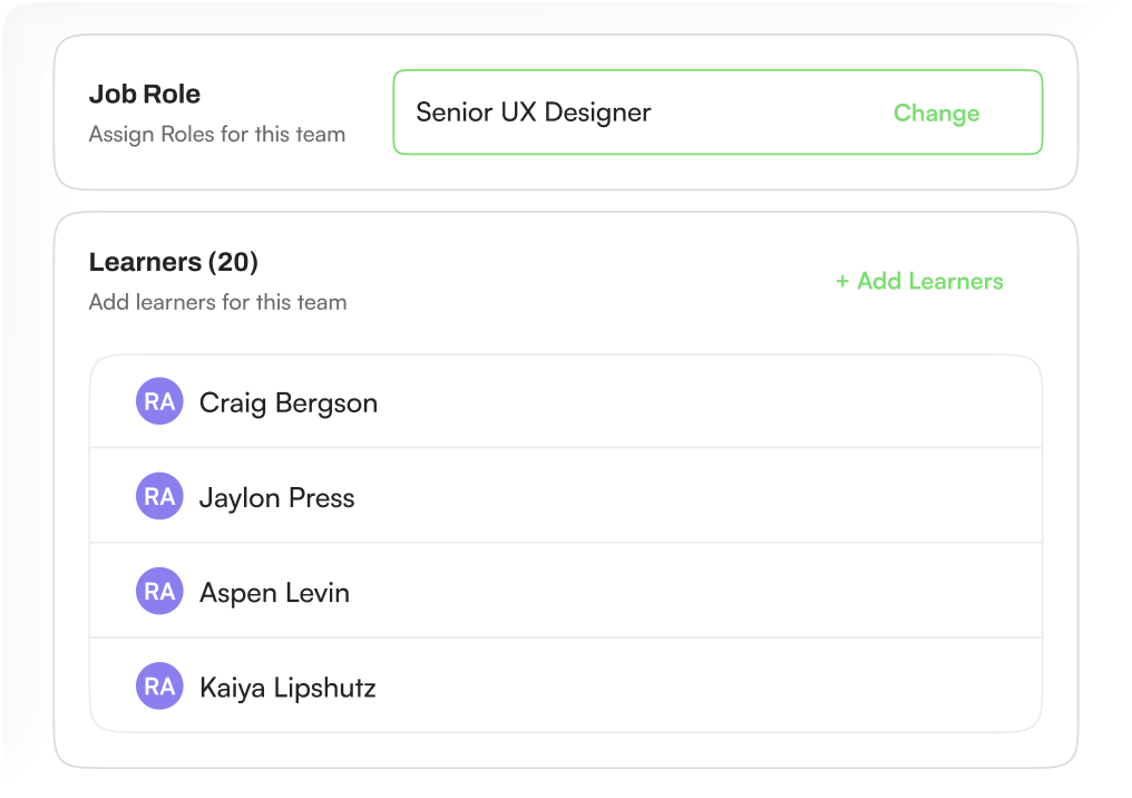 Team panel with a Senior UX Designer job role and a list of learners