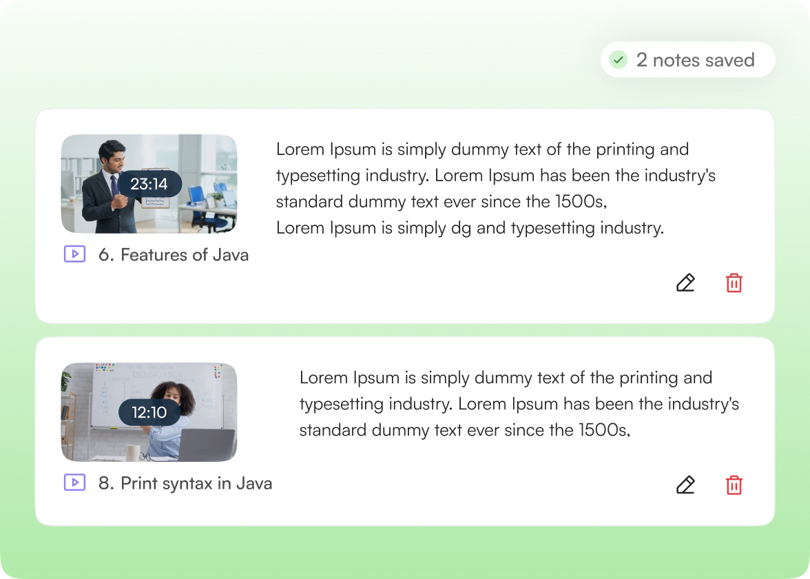 Two saved video-lesson notes with timestamps and a “2 notes saved” badge