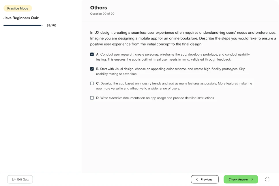 Quiz player in practice mode showing a multiple-choice question with a Check Answer button