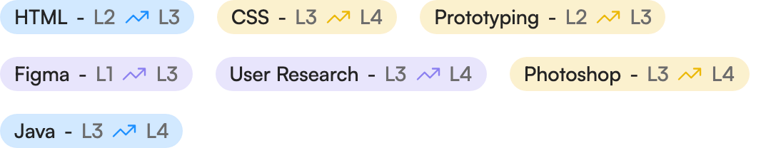 Skill chips such as HTML L2 to L3, CSS L3 to L4 and Figma L1 to L3